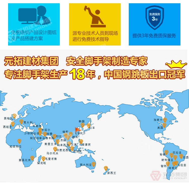 元拓建材集團(tuán)，安全腳手架制造專家！專注腳手架生產(chǎn)18年，中國鋼跳板出口冠軍！